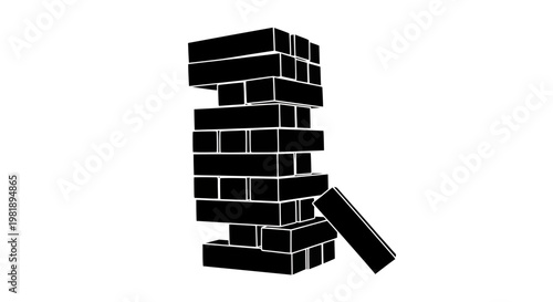 Black and white tower game with falling block, risk, strategy, and balance concept