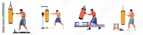 Collection of minimalist vector illustrations featuring a male boxer training and punching a heavy bag in various gym settings.