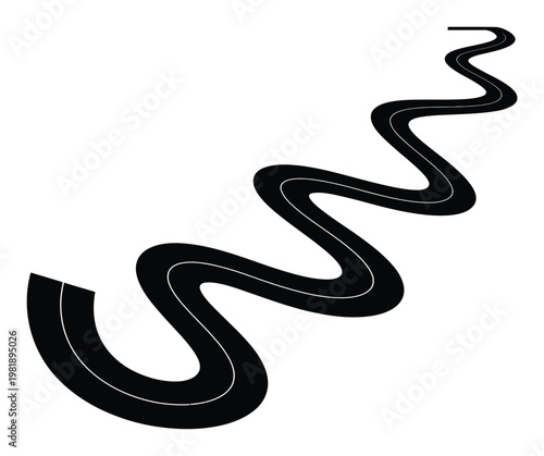 A Winding Black Road with White Lines on a White Background