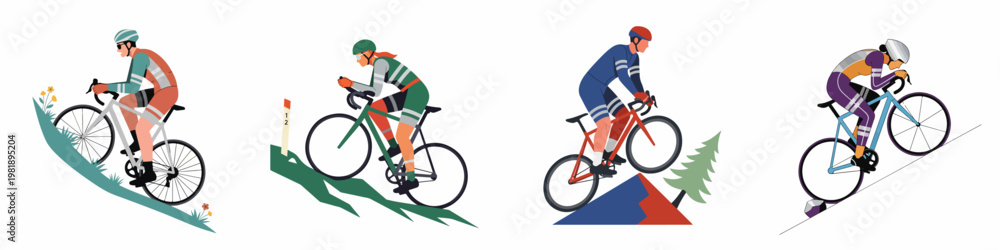 Naklejka premium Set of flat vector illustrations featuring diverse male and female cyclists riding road bikes on various terrains and inclines.