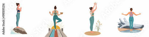 Collection of flat illustrations depicting a woman practicing yoga and mindfulness in various serene outdoor settings like the beach and a wooden pier.