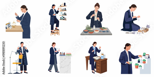 Set of illustrations depicting a female pharmacist or scientist working with medicine, herbs, and laboratory equipment in various professional settings.