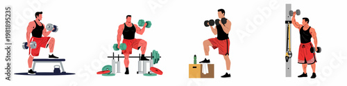 Set of vector illustrations featuring a muscular man performing various dumbbell weightlifting exercises at the gym, including curls and overhead presses.