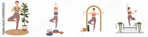 Four flat vector illustrations of women practicing yoga tree pose in various serene settings with plants, crystals, and meditation tools.