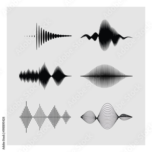 Collection of Six Diverse Black and White Sound Waveforms on a Light Gray Background