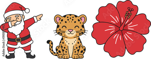 Playful character set with dabbing Santa cute leopard cub and red hibiscus flower