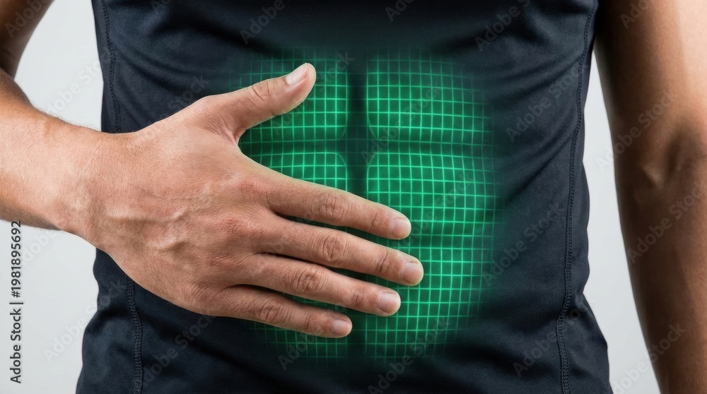 Fototapeta premium Man's hand touching abdomen with glowing grid highlighting abdominal muscles