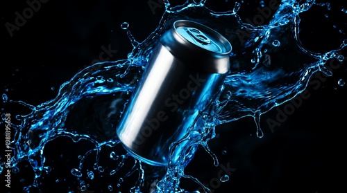 Soda can splashing in cool blue water with dark background food and drink advertising studio lighting cool down beverage can cold drink