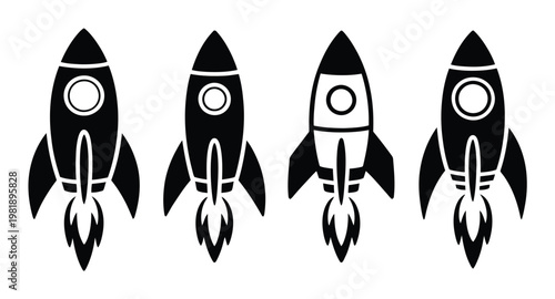 Four stylized rockets in black and white, ready for launch