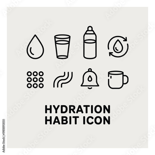 Hydration Habit Water Drop, Glass, Bottle, Refresh, Menu, Waves, Bell, Mug