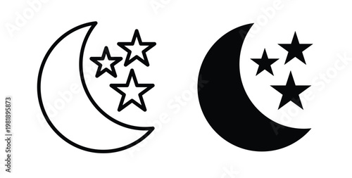 Moon icon in black and white color. Solid and linear icons