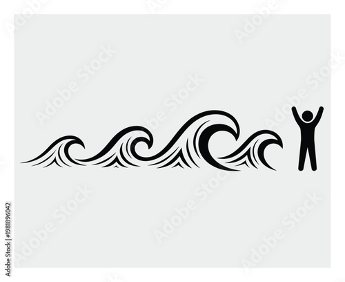 Stylized Black Waves and a Person Silhouette Against a Light Gray Background