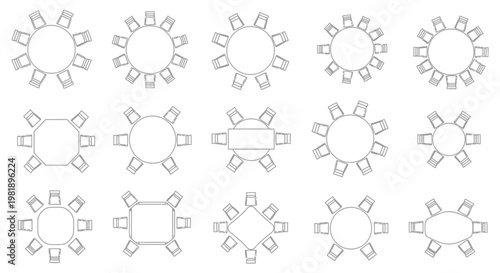 Diverse set of vector illustrations featuring various table and chair arrangements viewed from a top perspective.