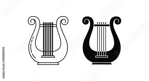 Classic musical instrument lyre vector illustration in outline and solid graphic design styles
