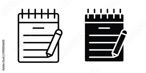 Notepad icon in black and white color. Solid and linear icons