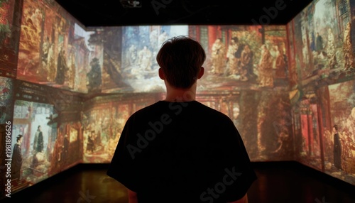Young man standing in front of an immersive digital art exhibition inside a modern gallery space