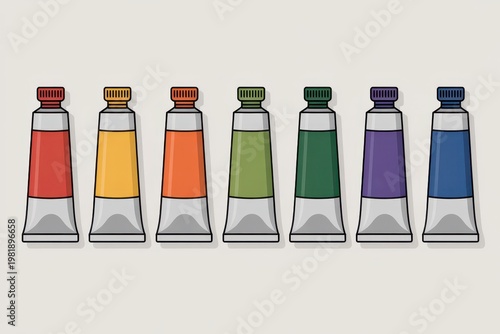Row of colorful paint tubes on neutral background, minimal art supplies illustration with bright pigments and clean simple layout