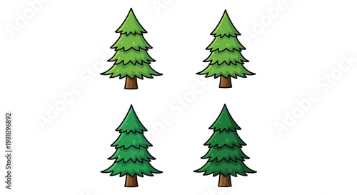 Four stylized evergreen pine tree vector graphic designs arranged in a simple row for creative projects