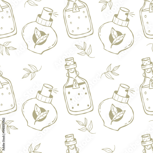 Outline Eco Friendly Perfume and Essential Oil Seamless Pattern. Line Art hand-drawn with Glass Bottles and Herbal Branches, Organic Fragrance on White Background. Vector illustration