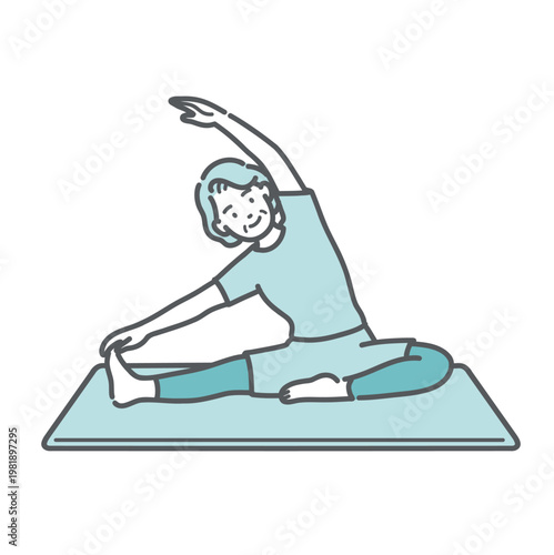 笑顔で体側ストレッチをするシニア女性のイラスト