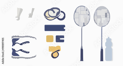Badminton Shuttle and Racket Vector Illustration Set with Player Action Court Net and Sports Equipment Concept on White Background