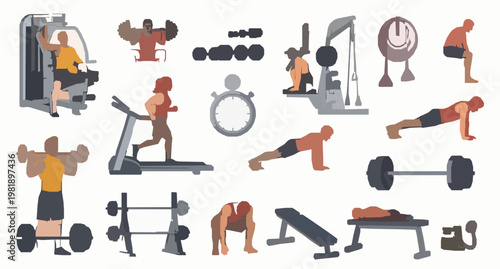 Gym and Fitness Training Equipment Vector Illustration Set with Dumbbell Barbell Treadmill Yoga Mat and Workout Concept on White Background