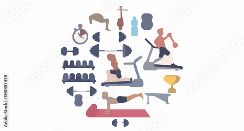 Gym and Fitness Training Equipment Vector Illustration Set with Dumbbell Barbell Treadmill Yoga Mat and Workout Concept on White Background