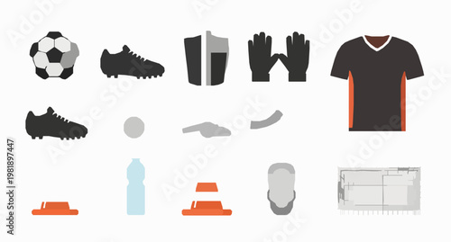 Football Soccer Sports Equipment Vector Set with Ball Boots Jersey Goal Net Whistle and Training Gear Illustration Collection on White Background