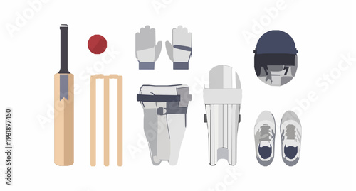 Cricket Gear and Stadium Vector Illustration Set with Bat Ball Helmet Gloves Wickets Pitch and Stadium Crowd Scene on White Background