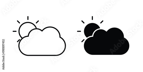 Partially cloudy icon in black and white color. Solid and linear icons