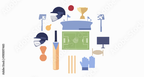 Cricket Gear and Stadium Vector Illustration Set with Bat Ball Helmet Gloves Wickets Pitch and Stadium Crowd Scene on White Background
