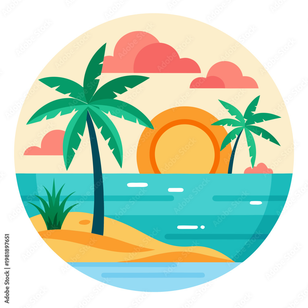 Fototapeta premium Tropical beach sunset a serene island paradise illustration