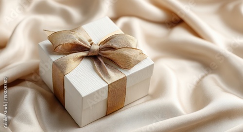 Elegant white gift box with a beige satin ribbon bow resting on soft cream-colored fabric surface