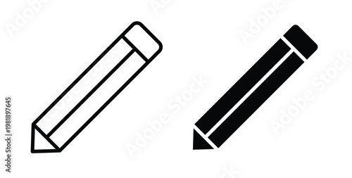 Pencil icon in black and white color. Solid and linear icons