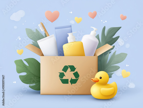 A box holds various cleaning products with green plants and a rubber duck