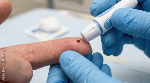 Close-up of gloved hands performing a finger prick blood test for glucose monitoring