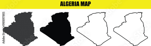 Four variations of algeria map including dotted, solid black, and outline styles