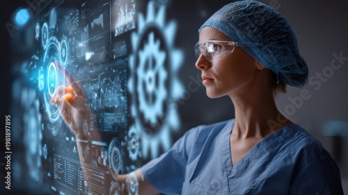 Female healthcare professional in scrubs and protective glasses interacting with digital interface and medical icons in a hospital setting