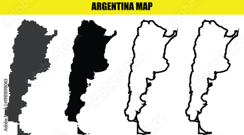 Argentina map set, featuring dotted pattern, solid silhouette, and outline variations
