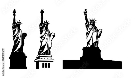 Statue of Liberty set with solid black icon on white background featuring iconic monument, national symbol, historical landmark with freedom and New York