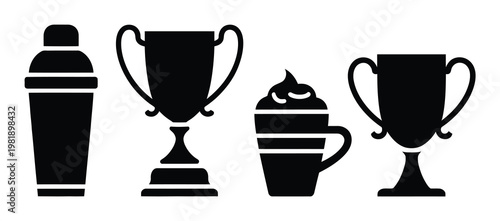 Black Silhouette Vector Icons of Trophy, Cupcake and Shaker