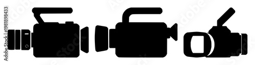 Video camera icon set with solid black icon on white background featuring camera, video, recording with technology and media
