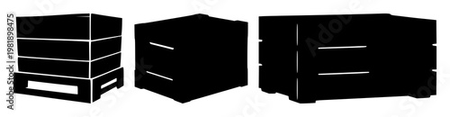 Stackable crate icon set with single solid black symbol on white background featuring logistics, shipping, warehousing with crate, pallet and storage and supply chain