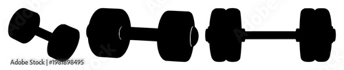 Gym dumbbell icon set with solid black silhouette on white background featuring fitness, weightlifting, exercise with muscle training and bodybuilding