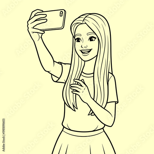 Smiling young woman captures a joyful moment with her mobile device, taking a trendy self-portrait for social media and digital platforms, embodying self-expression