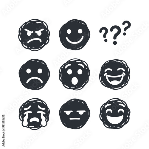 Vector set of hand drawn scribble emoji faces, black ink doodle emoticons with various expressions isolated on white