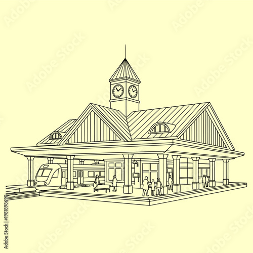 Detailed outline illustration of a classic train station with a clock tower, an arriving train, and passengers waiting, depicting urban transportation and architectural design