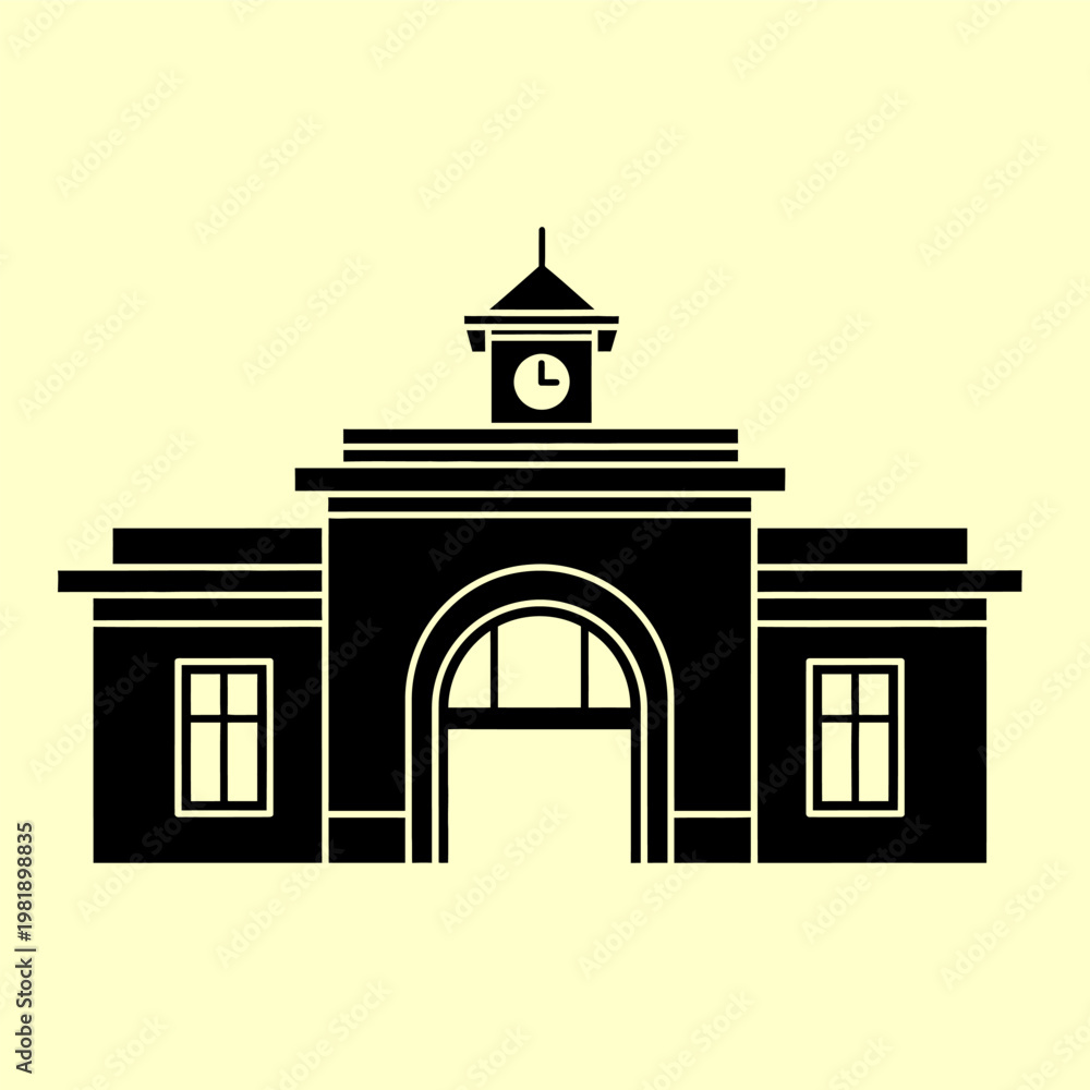 Fototapeta premium Black and white illustration of an arched building with windows and a clock tower against a pale yellow background