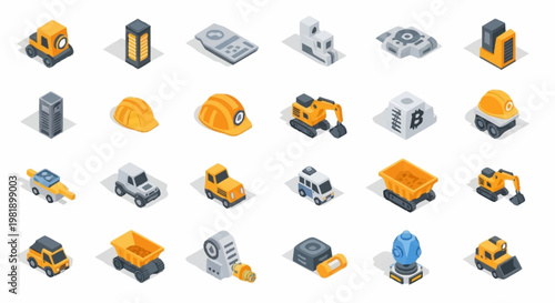 Isometric icons set of construction and mining equipment, vehicles, and tools for web and mobile applications.