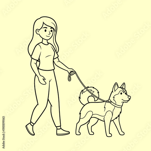 A delightful illustration of a young woman enjoying a leisurely walk with her loyal canine companion, showcasing the bond between pet owner and dog during an outdoor activity